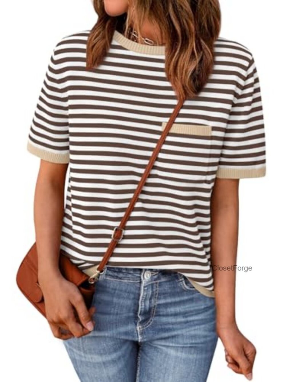 LILLUSORY Striped Short Sleeve Knit Sweater with Chest Pocket